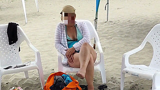 On the Beach, My Beautiful Stepmother Shows off Her Tits in Public, and I Jerk off When She Shows Me Her Hairy Pussy.