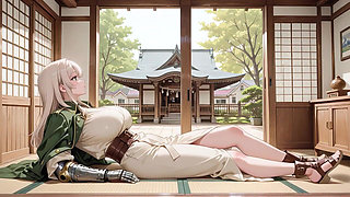 Blonde Knight's Afternoon! Green Uniform Golden Mechanical Arms, Lazily Contemplating in Ancient Stone Ruins.