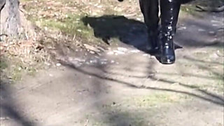 Julie Walking Through a Car Park Wearing Fur Coat, See Her Bound Tits Sticking Out