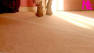 Dangling in Red Neglege and Brown Buckled Pumps