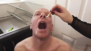 British Femdom Humiliation: Smoking Bitch Uses Slave's Foreskin as Ashtray - Extreme CBT & CFNM Punishment