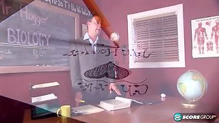 Blonde Teacher Gives Extra Credit Blowjob in Class - Foot Fetish & Nylon Legs