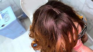 Stepson saw a mature stepmom with on the toilet and gave her a cock in her mouth and fucked anal