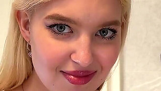 Big Ass Blonde Beauty Takes off Her Panties Braless in the Bathroom Flashes Her Tight Shaved Pussy