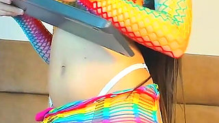 Latina with Perfect Tents and Hairy Vagina Masturbates by Mistake on Her Webcam