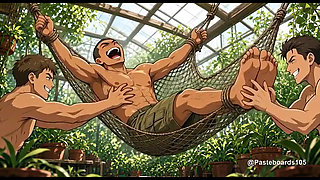 The Greenhouse Bench - Roped Down, Fingers On His Ribs And Bare Feet (2D Anime Bara)
