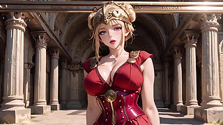 Red Armor Queen! Forbidden Gaze in the Roman Corridor, Skirt Lift Reveal, Hand on Lips Teasing You...