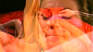 Pale blonde and tanned brunette lesbians toying and licking