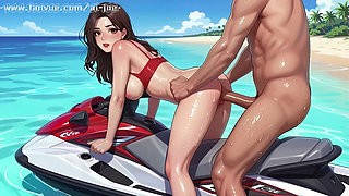 A Beautiful Woman in a Korean-style Comic Style, a Korean Beauty, on a Beautiful Seaside Motorboat! New Style, Ai Generated