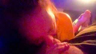 Sexy redhead Liz Lane gives Chester Van Name another amazing Deep throat blowjob and then we switch it up to some foot job  cum