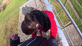 Glasses MILF Saskialove87 Deep Throat Blowjob Outdoor - German Amateur Housewife Swallows Cum