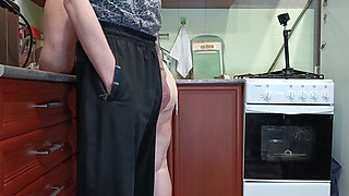 Dick Jerking in the Kitchen and Hot Cum in Stepmom's Mouth