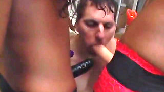Sexy strap-on wielding black babes ravage white dude on couch and in pool
