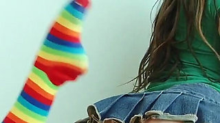 Crazy Teen with Colourful Stockings Wide Opens Her Legs on the Bed