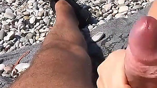 Jerking off My Boyfriend at a Beach - Quick Risky Outdoor Handjob with Huge Cumshot