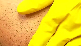 Giantess Stepsister Puts Tiny Stepbrother in Her Yellow Dishwashing Glove Then Plays with Him Has Fun with Him