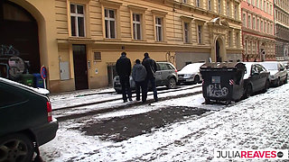 From Street to Bed, Hot Girl With Skinny Body Gets Double Fucked by Two Guys and Milks the Cocks