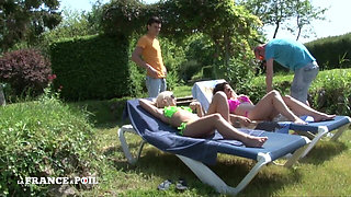Amateur couples having hot orgy session outdoor