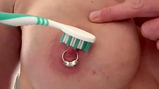 Suck and Play with Pierced Nipple by Pump and Tooth Brush