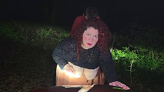 Little bitch getting fucked in a forest in the middle of the night