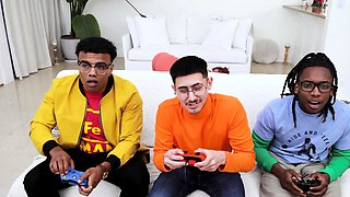 Stepmom takes two cocks while nerdy son plays games