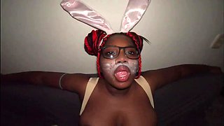 Kinky Bad Bunny Spits on Big Tits While Ebony Nerd Girl Sucks BBC Deepthroat