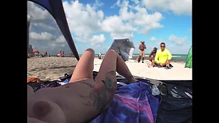 Nude Beach Voyeur: Blonde Wife Kandii Kiss Watches Men Jerk Off in Public POV