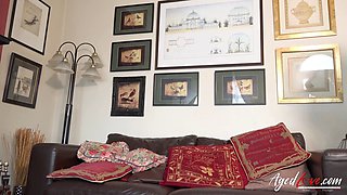 Mature Woman with Gigantic Breasts Showed Her Lingerie and Tattoos to Horny Inexperienced Guy