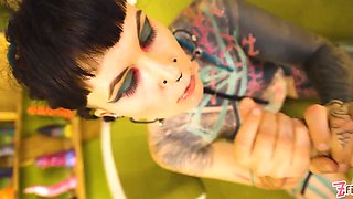 Goth queen teases petite melons & nips then takes aggressive doggystyle, cascading facial