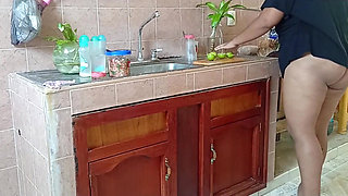 Chubby Stepmother Washes and Cleans the Kitchen