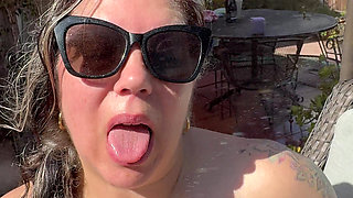 Hot Mom in bikini stripping and squirting in the backyard sun.