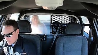 Naughty blonde pleasures cop in car - pov