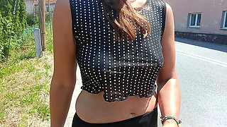 Walking Down the Street in a See-through Blouse Public Flashing of Tits and Pussy