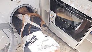 Young Maid Gets Stuck in Washing Machine