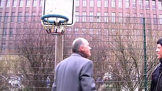 German grandpa flirts with housewife on the street