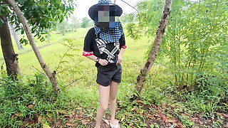 Thai Girl Walking Showing Along the Side of the Field Road in the Countryside Thai Outdoor Public