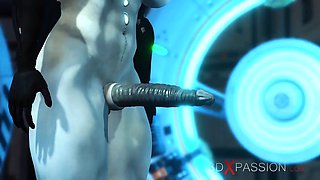 Sexy young cuffed blonde gets fucked by shemale cyborg in the sci-fi lab