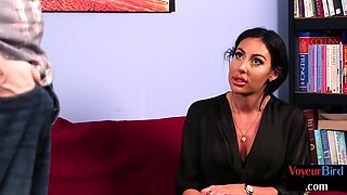 Voyeur MILFY in stockings teasing guy who jerks knob on