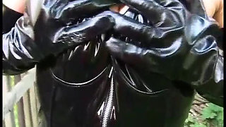 Sexy brunette in leather lingerie tied hand and fucked pretty hard