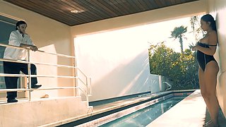 Brunette Anastasia and Weston indulge in a steamy outdoor session by the pool