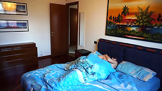 Three Sexy Babes Tease Naked Man in Bedroom Threesome