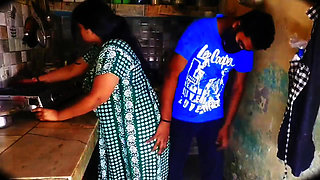 Aunty Was Working in the Kitchen When the Neighbor Boy Came and Started Pressing Her Big Soft Boobs