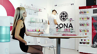 Horny Skinny Blonde Sex Toy Secretary Takes Her Co-worker's Huge Cock