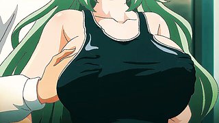 Four anime girls in black one-piece swimsuits on teal indoor pool deck
