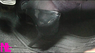 Revving and Driving in Black Pantyhose and Grey High Heels