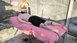 Nude massage outdoors with hot blonde