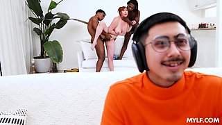 Stepmom takes two cocks while nerdy son plays games